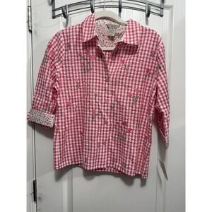 TEDDI Pink Gingham Blouse Embroidered Floral Women's S Cottagecore Seersucker